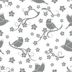 Seamless pattern with sakura branches, birds.