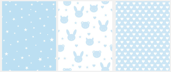 Set of 3 Lovely Nursery Vector Prints. White Stars and Hearts Isolated on a Blue Background. Blue Bunnies,Dogs and Bears with Stars and Hearts on a White. Simple Pastel Color Design for Baby Boy.