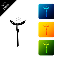 Sausage on the fork with steam icon isolated on white background. Grilled sausage and aroma sign. Set icons colorful square buttons. Vector Illustration