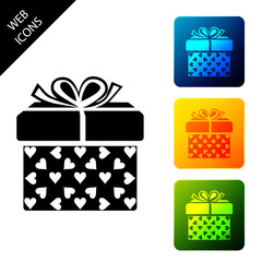 Gift box and heart icon isolated on white background. Packaging Valentine's Day. Beautiful festive box tied with ribbon and bow on top. Set icons colorful square buttons. Vector Illustration