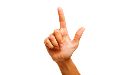 Female hand with finger up isolated on white