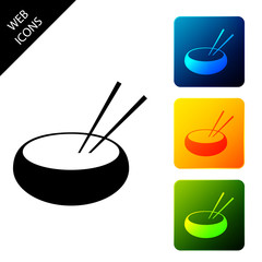 Bowl with asian food and pair of chopsticks silhouette icon isolated on white background. Concept of prepare, eastern diet. Set icons colorful square buttons. Vector Illustration