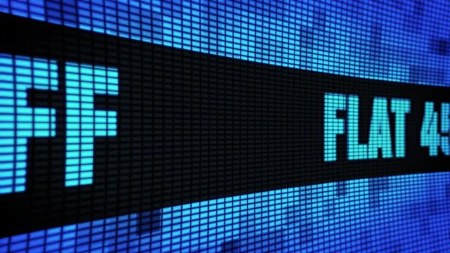 Flat 45% Percent Off Side Text Scrolling on Light Blue Digital LED Display Board Pixel Light Screen Looped Animation 4K Background. Sign Board , Blinking Light, Pixel Monitor, LED Wall Pannel