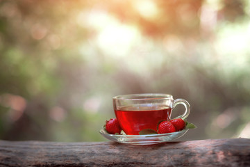 Fruit red tea with wild berries in glass cup, in forest, on bright background.