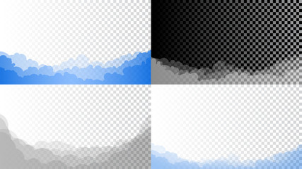 Set of clouds of different colors with different transparency. Vector image. Collection of overlays of clouds. Minimalistic flat style. 4 templates