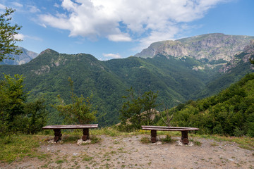 A bench in the meadow at mountains in Bulgaria.