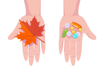 Pills, tablets and red maple leaf on hands. Seasonal depression and Antidepressants. Autumn cold and flu. Flat vector illustration on white isolated background.