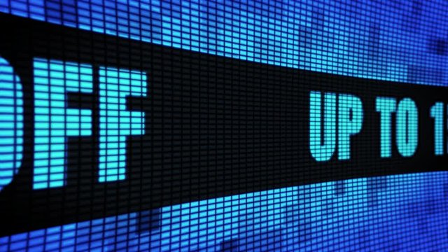 Up To 15% Percent Off Side Text Scrolling on Light Blue Digital LED Display Board Pixel Light Screen Looped Animation 4K Background. Sign Board , Blinking Light, Pixel Monitor, LED Wall Pannel