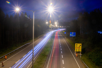 Kouvola, Finland - 24 August 2019: Long exposure photo. Night road in Kouvola, Finland