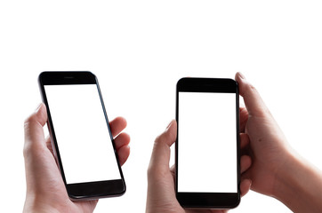 Set with women holding smartphones on white background, closeup of hands.