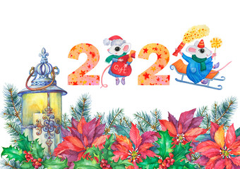 New Year border with a Christmas tree, holly, poinsettia, lantern. Inscription 2020 with a white cute little mouse in winter clothes. Cartoon watercolor hand drawn painting illustration, isolated.