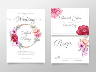 Stylish watercolor floral wedding invitation cards template set. Editable invite, thank you, rsvp cards vector design