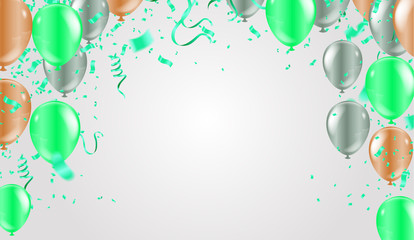 Vector happy birthday card with green balloons, party invitation.