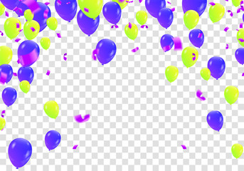 Stock vector illustration party flying purple and various colors realistic balloons. Defocused macro effect. Templates for placards, banners. New Year Funky Decoration. Hipster Seasonal Sale Confetti