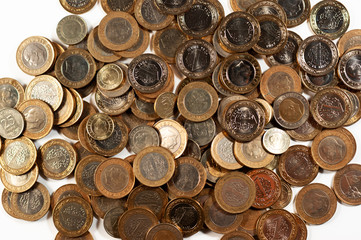 Pile of coins close up shot.