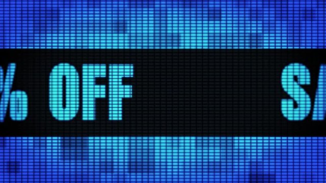 Sale 20% Percent Off Front Text Scrolling on Light Blue Digital LED Display Board Pixel Light Screen Looped Animation 4K Background. Sign Board , Blinking Light, Pixel Monitor, LED Wall Pannel