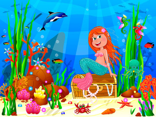 Cute joyful little mermaid in the underwater world 1. The little mermaid underwater among sea creatures and underwater plants. The little mermaid is sitting on a treasure chest