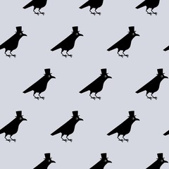 Gentleman crow seamless pattern, blackbird with top hat. Cute raven illustration on gray blackground.