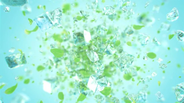 Exploding frosted ice cube with mint leafs in 4K