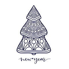Christmas Tree. New Year line art decoration. Coloring book page for adult or kids. Line art greeting card design. Vector new year tree illustration.