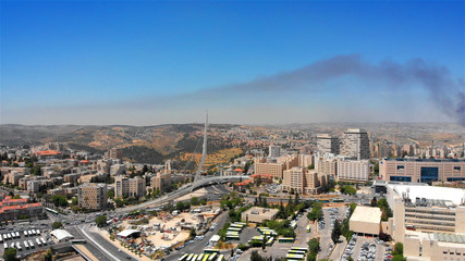 Jerusalem main entrance with Chords Bridge Aerial view Flying over Jerusalem entrance with Chords Bridge