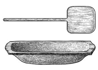 Wooden shovel and wooden trough illustration, drawing, engraving, ink, line art, vector
