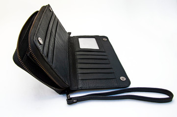 Business card holder wallet on a short strap on a white background.