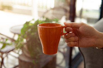 hand holding a cup of coffee in morning