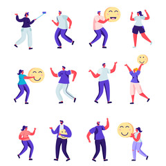 Set of flat people joyful and positive characters. Bundle cartoon people emitting a smile in various poses on white background. Vector illustration in flat modern style.