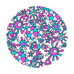 Floral composition with hearts and spirals. Round background