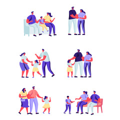 Naklejka premium Set of flat people happy moments of family characters. Bundle cartoon people on a walk with children in various poses on white background. Vector illustration in flat modern style.