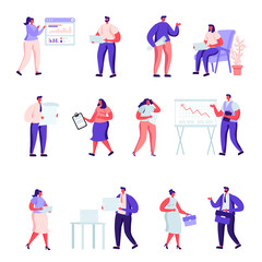 Set of flat people office workers characters. Bundle cartoon people in various poses, graphs, data analysis on white background. Vector illustration in flat modern style.