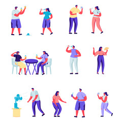Set of flat people sweating in the sun characters. Bundle cartoon people drinking water, fanning on white background. Vector illustration in flat modern style.