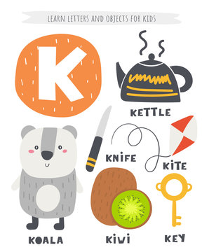 K letter objects and animals including koala, kite, kettle, key, kiwi,  knife. Stock Vector | Adobe Stock