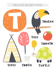 T letter objects and animals including toucan, tree, tomato, tepee, turtle, tooth.