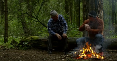 two men are talking sitting on log in forest near flaming campfire in dusk time