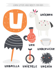 U letter objects and animals including unicorn, urn, umbrella, unicycle, urchin, underwear.