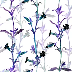 Papier Peint photo Ensemble nature aquarelle Fond transparent avec des fleurs sauvages bleu foncé sur fond blanc