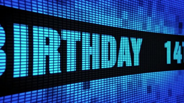 14th Happy Birthday Side Text Scrolling on Light Blue Digital LED Display Board Pixel Light Screen Looped Animation 4K Background. Sign Board , Blinking Light, Pixel Monitor, LED Wall Pannel