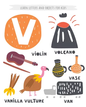 V letter objects and animals including volcano, vase, van, vanilla, violin,  vulture. Learn english alphabet, letters Stock Vector | Adobe Stock