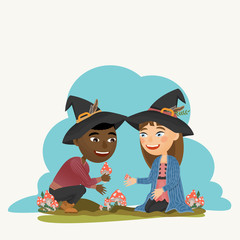 Witch and witcher collect large red fly agaric. Children make magic. Vector illustration
