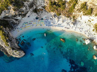 Beach on Lefkada, popular tourist resort on same name island in Greece. Aerial view.