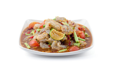 Thai Style spicy seafood salad with shrimps isolated on the white background