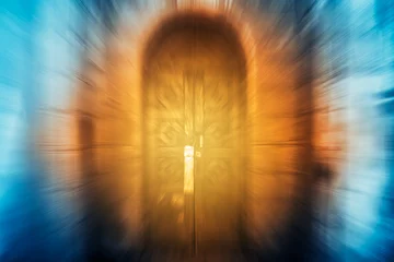 Fotobehang Antique wooden door in an old castle, paranormal phenomenon, portal. © Aleksey 159