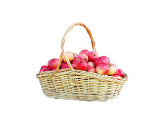 Large wicker basket of striped ripe apples isolated on white background