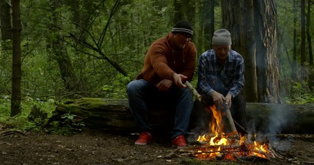 two adult tourists men are warming near campfire in forest, chatting sitting on log