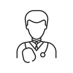 Simple linear medic icon on a white background. Doctor man in a shirt and tie. Gray lines. Phonendoscope on the shoulders.