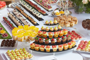 Różnokolorowe ciastka , ciasteczka i torciki prezentowane na pokazach cukierniczych