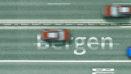 Overhead view of the busy car road with Bergen text. Travel to Norway intro clip