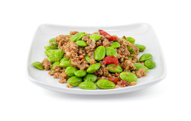 Stir-fried of Spicy Pork with Stink Beans (Bitter beans or Sato),thai food recipe